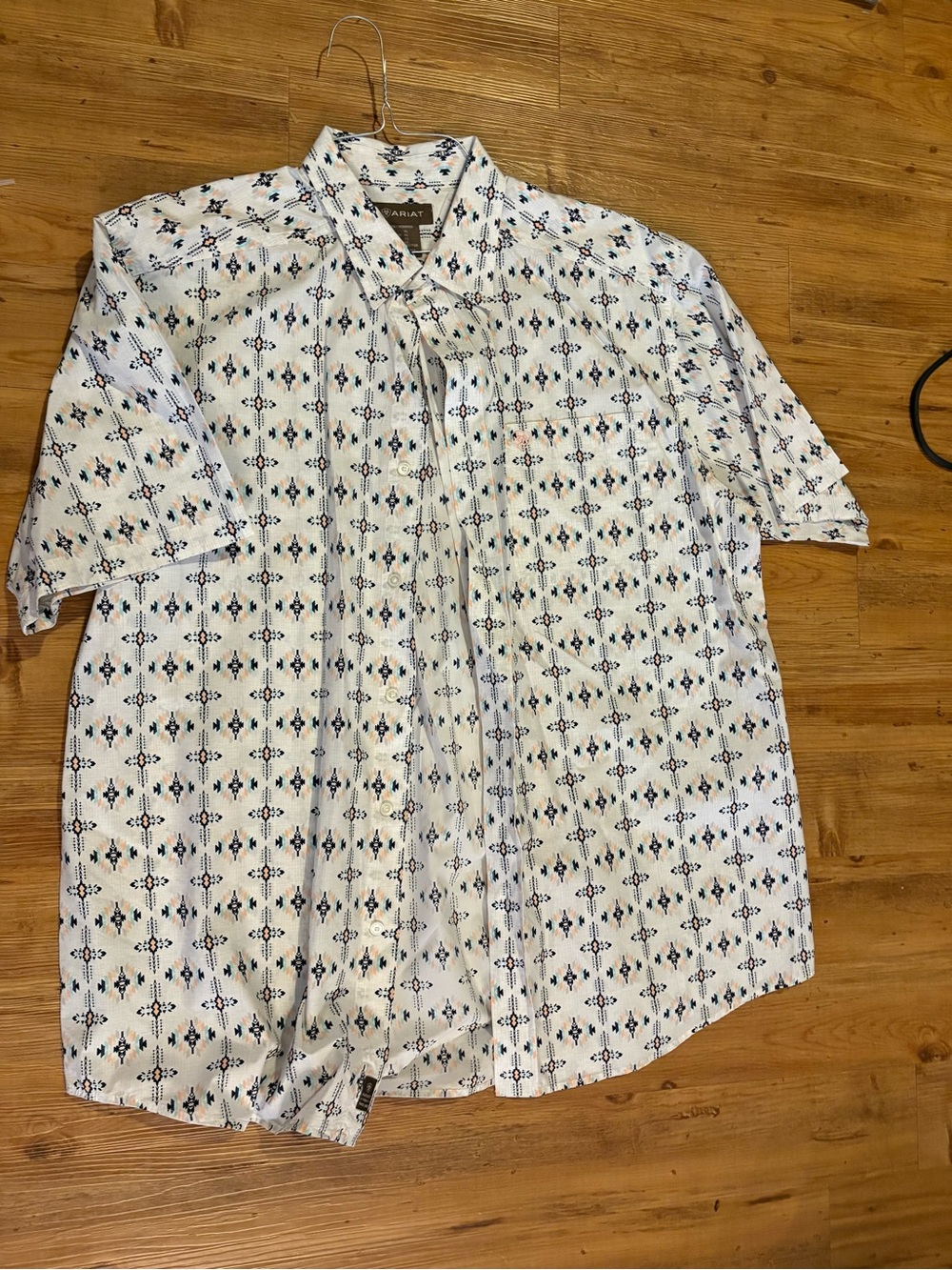 Ariat White Short-Sleeve Button-Down with Navy & Tan Geometric Print